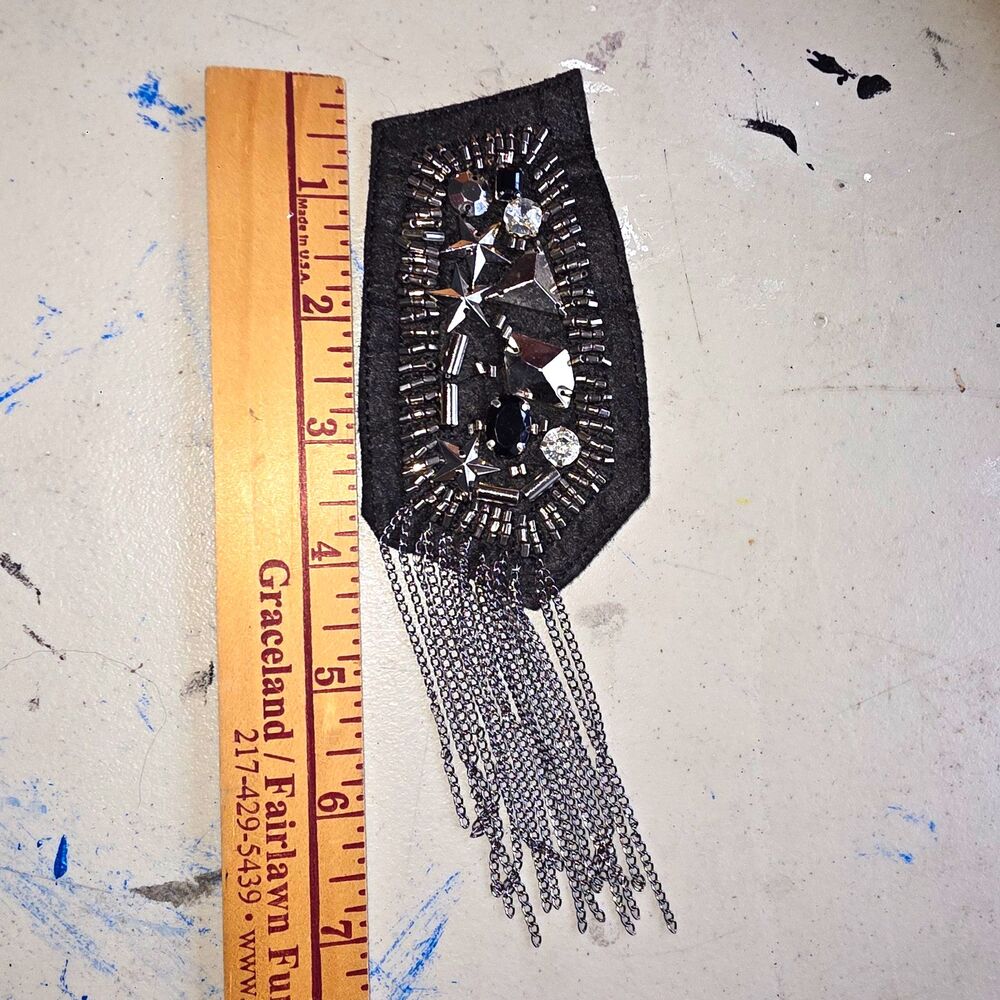 Black Beaded Rhinestone Sew-On Applique Patch with Chain Fringe